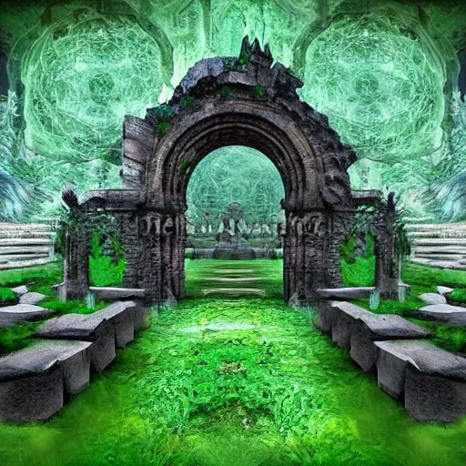 fantasy style: monument antique en ruine recouvert de luxuriantes plantes colorées, Trippy, 3D