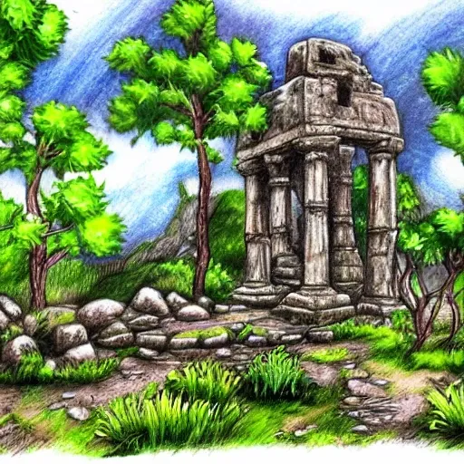 fantasy style: ruined ancient monument covered with lush colorful plants, Pencil Sketch