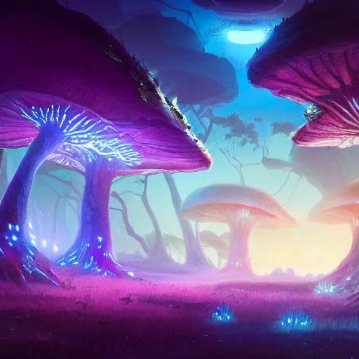 concept art painting of a fantasy alien fungal landscape at night, with glowing blue lights, glowing blue mushrooms, dark purple sky, realistic, detailed, cel shaded, in the style of makoto shinkai and greg rutkowski and albert bierstadt and james gurney