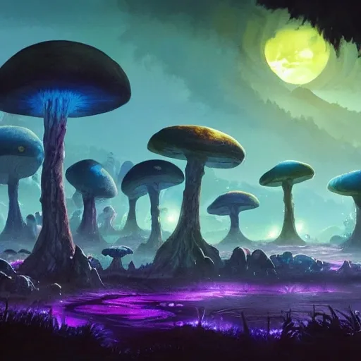 concept art painting of a fantasy alien fungal landscape at night, with glowing blue lights, glowing blue mushrooms, dark purple sky, realistic, detailed, cel shaded, in the style of makoto shinkai and greg rutkowski and albert bierstadt and james gurney, Water Color, Water Color