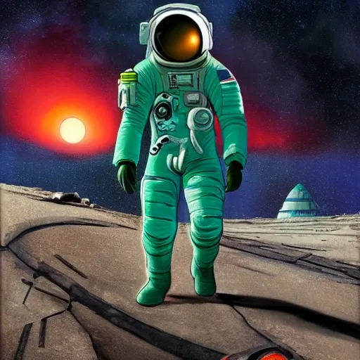 Science fiction book cover. image fuller on the right side and emptier on the left side. an astronaut walking on a path that winds through a ruined city on an unknown planet. The astronaut is walking towards a monumental structure in the distance. The structure is gigantic and alien in appearance. use tri-color green, red and blue. trending on artstation, 3D