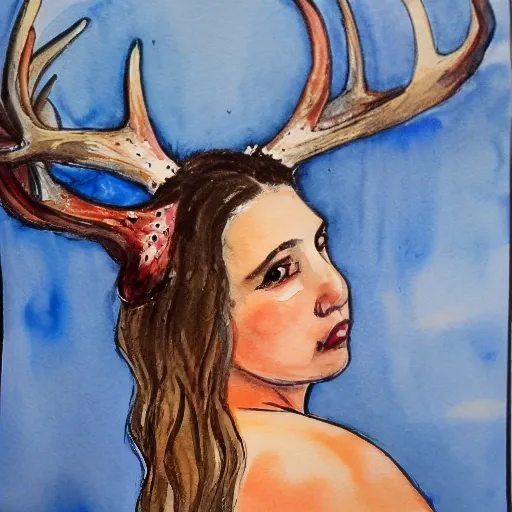 A beautiful woman with deer antlers ,  Water Color