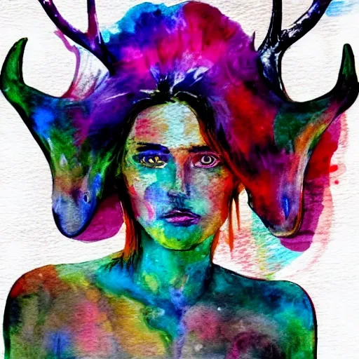 A beautiful woman with deer antlers ,  Water Color, Trippy