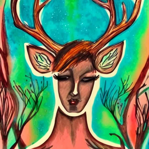 A beautiful woman with deer antlers ,  Water Color, Trippy, Cartoon