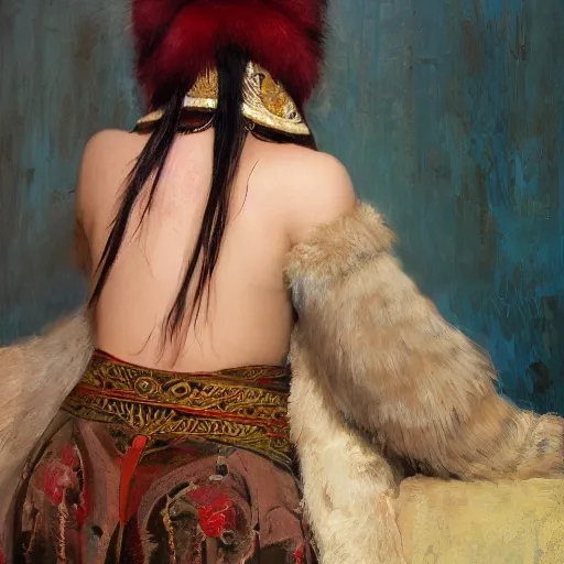 female siberian China concubine with slim curvy body, wearing a ushanka, at night, 1400s, painting by gaston bussiere, greg rutkowski, yoji shinkawa, yoshitaka amano, tsutomu nihei, donato giancola, tim hildebrandt, oil on canvas, {full body shot:from behind shot:looking over shoulder}, traditional russian clothing, trending on artstation, featured on pixiv, cinematic composition, extreme detail, metahuman creator, (best quality:1.4), ((masterpiece)), ((realistic)), (detailed), portrait_of_exotic_girls, seductive_smile, (((sexy))), godrays, dust in the air