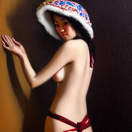 best quality, face focus,female siberian China concubine with slim curvy body, wearing a ushanka, at night, 1400s, painting by gaston bussiere, greg rutkowski, yoji shinkawa, yoshitaka amano, tsutomu nihei, donato giancola, tim hildebrandt, oil on canvas, {full body shot:from behind shot:looking over shoulder}, traditional russian clothing, trending on artstation, featured on pixiv, cinematic composition, extreme detail, metahuman creator, (best quality:1.4), ((masterpiece)), ((realistic)), (detailed), portrait_of_exotic_girls, seductive_smile, (((sexy))), godrays, dust in the air