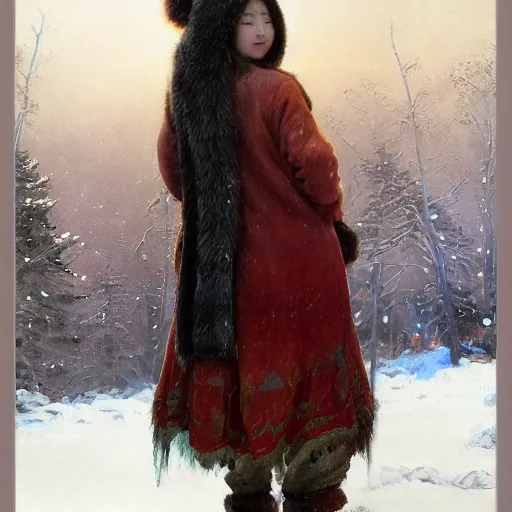 best quality, face focus,female siberian China concubine with slim curvy body, wearing a ushanka, at night, 1400s, painting by gaston bussiere, greg rutkowski, yoji shinkawa, yoshitaka amano, tsutomu nihei, donato giancola, tim hildebrandt, oil on canvas, {full body shot:from behind shot:looking over shoulder}, traditional russian clothing, trending on artstation, featured on pixiv, cinematic composition, extreme detail, metahuman creator, (best quality:1.4), ((masterpiece)), ((realistic)), (detailed), portrait_of_exotic_girls, seductive_smile, (((sexy))), godrays, dust in the air