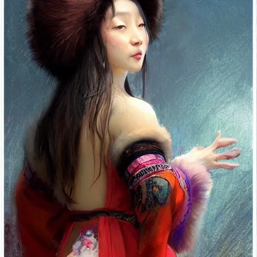 best quality, face focus,female siberian China concubine with slim curvy body, wearing a ushanka, at night, 1400s, painting by gaston bussiere, greg rutkowski, yoji shinkawa, yoshitaka amano, tsutomu nihei, donato giancola, tim hildebrandt, oil on canvas, {full body shot:from behind shot:looking over shoulder}, traditional russian clothing, trending on artstation, featured on pixiv, cinematic composition, extreme detail, metahuman creator, (best quality:1.4), ((masterpiece)), ((realistic)), (detailed), portrait_of_exotic_girls, seductive_smile, (((sexy))), godrays, dust in the air