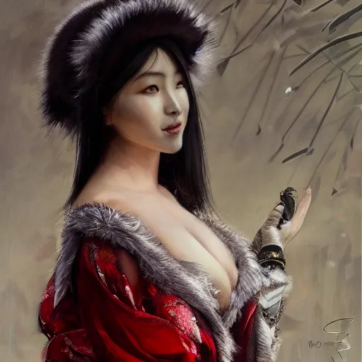 best quality, face focus,female siberian China concubine with slim curvy body, wearing a ushanka, at night, 1400s, painting by gaston bussiere, greg rutkowski, yoji shinkawa, yoshitaka amano, tsutomu nihei, donato giancola, tim hildebrandt, oil on canvas, {full body shot:from behind shot:looking over shoulder}, traditional russian clothing, trending on artstation, featured on pixiv, cinematic composition, extreme detail, metahuman creator, (best quality:1.4), ((masterpiece)), ((realistic)), (detailed), portrait_of_exotic_girls, seductive_smile, (((sexy))), godrays, dust in the air