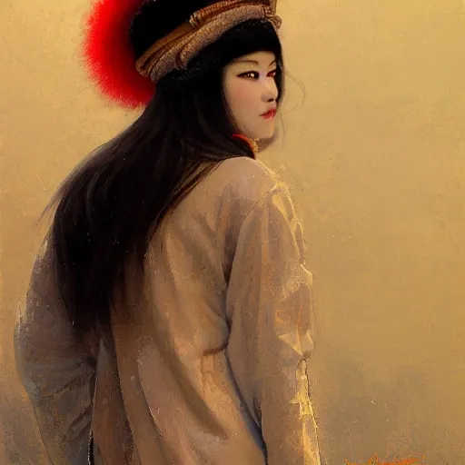 best quality, face focus,female siberian Japan、concubine with slim curvy body, wearing a ushanka, at night, 1400s, painting by gaston bussiere, greg rutkowski, yoji shinkawa, yoshitaka amano, tsutomu nihei, donato giancola, tim hildebrandt, oil on canvas, {full body shot:from behind shot:looking over shoulder}, traditional russian clothing, trending on artstation, featured on pixiv, cinematic composition, extreme detail, metahuman creator, (best quality:1.4), ((masterpiece)), ((realistic)), (detailed), portrait_of_exotic_girls, seductive_smile, (((sexy))), godrays, dust in the air