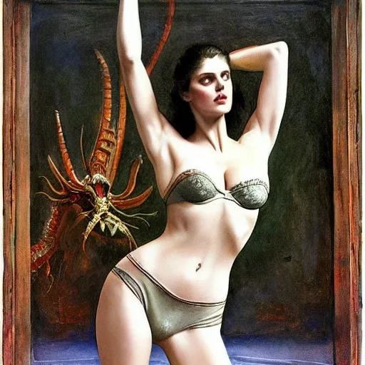 Photo of beautiful Alexandra Daddario in tiny silk underwear, gorgeous, frazetta, creature xenomorph monster fetus, art by Giotto Di Bondone, Filip Hodas, art by Tommaso Masaccio, High detail + Sony Alpha α7, art by Joseph-mallord William Turner