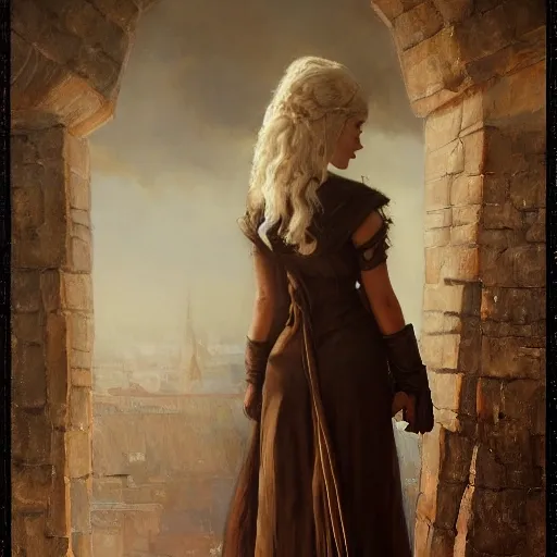 Daenerys Targaryen with slim curvy body, wearing a ushanka, at night, 1400s, painting by gaston bussiere, greg rutkowski, yoji shinkawa, yoshitaka amano, tsutomu nihei, donato giancola, tim hildebrandt, oil on canvas, {full body shot:from behind shot:looking over shoulder}, traditional russian clothing, trending on artstation, featured on pixiv, cinematic composition, extreme detail, metahuman creator, (best quality:1.4), ((masterpiece)), ((realistic)), (detailed), portrait_of_exotic_girls, seductive_smile, (((sexy))), godrays, dust in the air, 3D