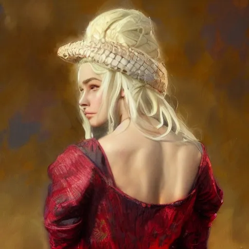 Daenerys Targaryen with slim curvy body, wearing a ushanka, at night, 1400s, painting by gaston bussiere, greg rutkowski, yoji shinkawa, yoshitaka amano, tsutomu nihei, donato giancola, tim hildebrandt, oil on canvas, {full body shot:from behind shot:looking over shoulder}, traditional russian clothing, trending on artstation, featured on pixiv, cinematic composition, extreme detail, metahuman creator, (best quality:1.4), ((masterpiece)), ((realistic)), (detailed), portrait_of_exotic_girls, seductive_smile, (((sexy))), godrays, dust in the air