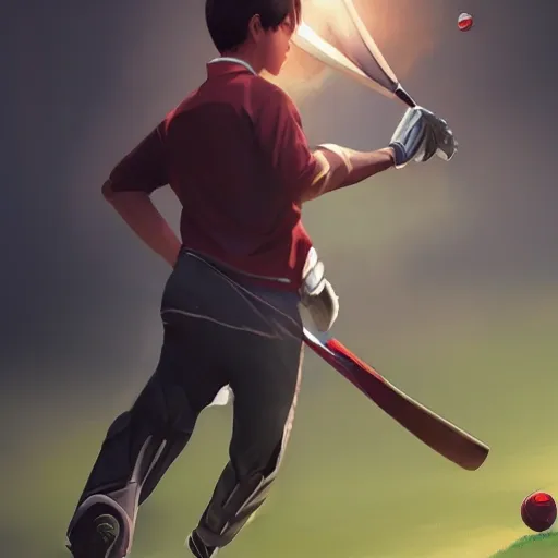 arcane style, man playing cricket. detailed portrait, cell shaded, 4 k, concept art, by wlop, ilya kuvshinov, artgerm, krenz cushart, greg rutkowski, pixiv. cinematic dramatic atmosphere, sharp focus, volumetric lighting, cinematic lighting, studio quality