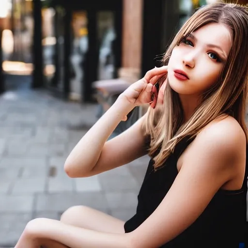 photo of young woman, highlight hair, sitting outside restaurant, wearing dress, rim lighting, studio lighting, looking at the camera, dslr, ultra quality, sharp focus, tack sharp, dof, film grain, Fujifilm XT3, crystal clear, 8K UHD, highly detailed glossy eyes, high detailed skin, skin pores