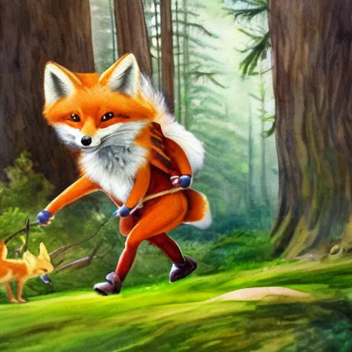 masterpiece, best quality, In the image of Finn the young scout fox running through an enchanted forest with a map in his hand. pre-teen anthropomorphic fox Character, running through the forest with a map in his hand, wearing a scout Uniform. Excitement adventure, watercolor painting by Vladimir Volegov