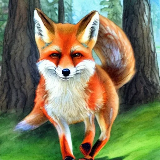 masterpiece, best quality, In the image of Finn the young scout fox running through an enchanted forest with a map in his hand. pre-teen anthropomorphic fox Character, running through the forest with a map in his hand, wearing a scout Uniform. Excitement adventure, watercolor painting by Vladimir Volegov