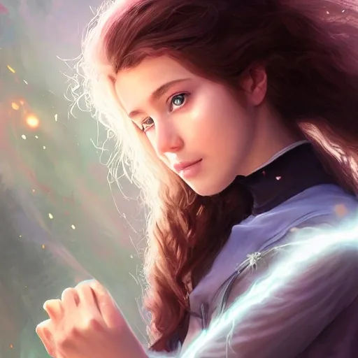 realistic portrait of a innocent young teen girl, d&d magic fantasy, dark magical school student uniform, light curly hair, casting a bright large-scale magical spell around herself, overflowing energy, highly detailed, digital painting, trending on artstation, pixiv, concept art, sharp focus, illustration, art by Ross Tran and Greg Rutkowski and Walt Disney animation