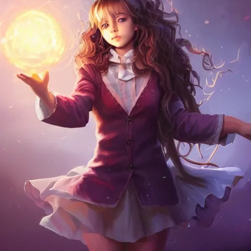 realistic portrait of a innocent young teen girl, d&d magic fantasy, dark magical school student uniform, light curly hair, casting a bright large-scale magical spell around herself, overflowing energy, highly detailed, digital painting, trending on artstation, pixiv, concept art, sharp focus, illustration, art by Ross Tran and Greg Rutkowski and Walt Disney animation, 3D