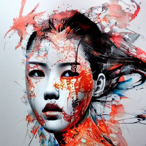 face portrait of MeiyuCipher 1girl orange spike aura in motion, damaged chinese clothes, floating pieces, trending on artstation, sharp focus, intricate details, highly detailed, detailed face (ink and watercolor painting, brushstrokes, by Russ Mills and Yoji Shinkawa) best quality, absurdres, (negative space) ,, 3D