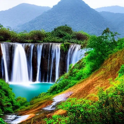 a scenery with hills waterfall