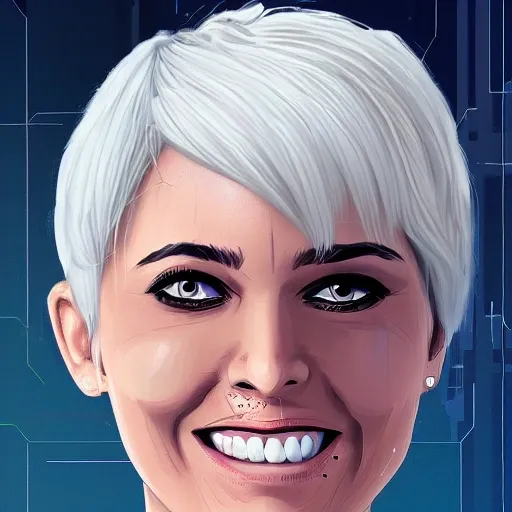 a portrait of a strong cyberpunk woman with short white hair and and ironic smile