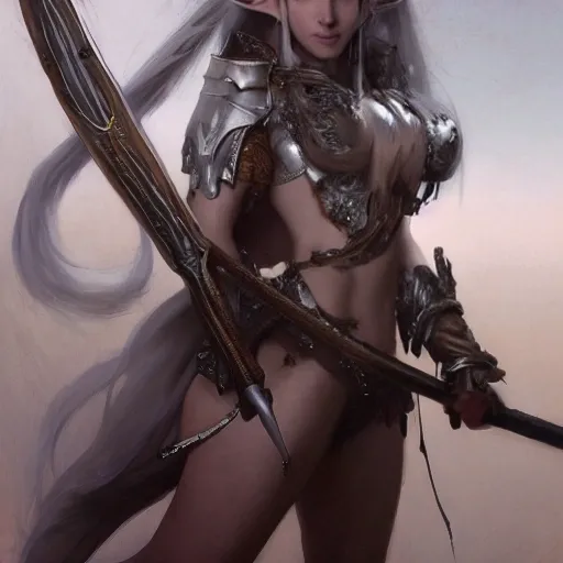 light grey skin female elf woman, with slim curvy body, long silver hair, at night, medieval, wearing leather armor, holding knife painting by gaston bussiere, greg rutkowski, yoji shinkawa, yoshitaka amano, tsutomu nihei, donato giancola, tim hildebrandt, oil on canvas, {full body shot:front-facing shot:looking forward}, trending on artstation, featured on pixiv, cinematic composition, extreme detail, metahuman creator, (best quality:1.4), (resolution 2592x4608), ((masterpiece)), ((realistic)), (detailed), (((beautiful))), godrays, dust in the air