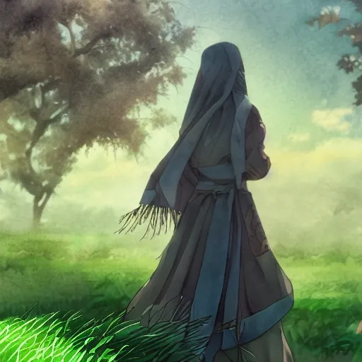 water color illustrated like Manga artist Yuki Urushibara, standing in a field peacefully , plants in state of life and death around her, features drukhari female cleric wearing veil, looking towards viewer, hopeful mood, walking into village, stylized, ink, highly detailed, 8k,