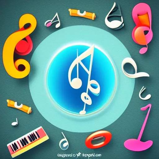 Musical instruments and musical notes with a sea background in a 3d style