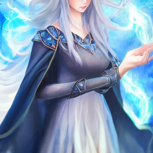 ((masterpiece)), (best quality), (high quality), perfect hands, high quality hands,high quality hair, 1girl, sorceress, soceress hat, white hair, blue eyes, <lora:Beautiful Detailed Eyes:1>, sorceress cape, fire spell, magic background