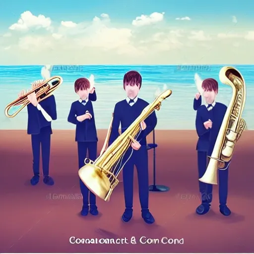 Young concert band with a sea background in a hiperealistic style