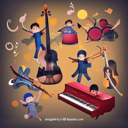 Musical instruments and kids musicians with a sea background in a hiperealistic style