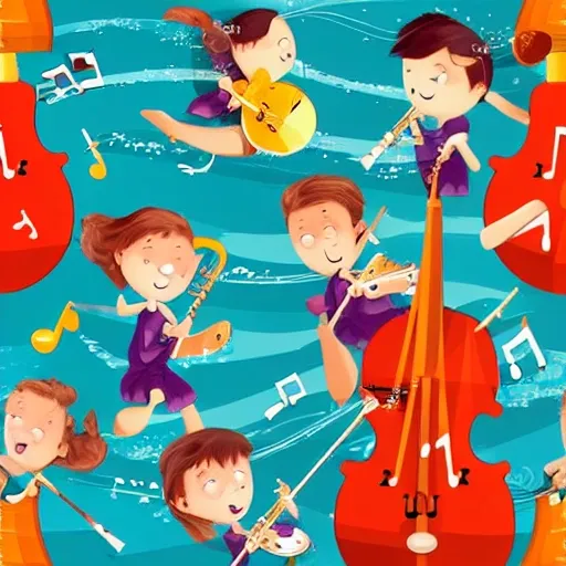 Musical wind instruments and kids musicians with a sea background in a hiperealistic style