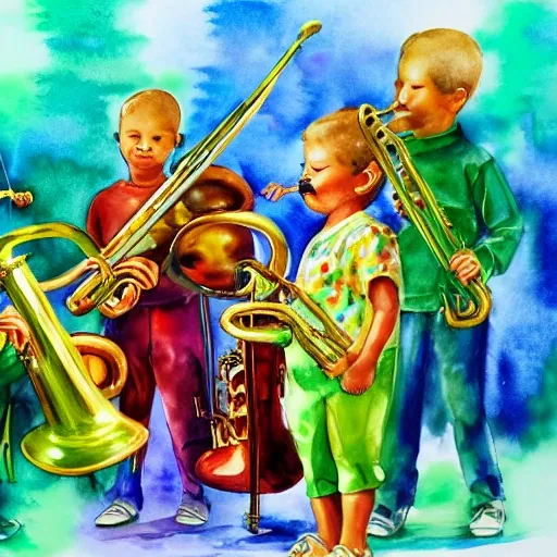 Musical brass instruments and musician kids with a pasadisiac isle background in a impresionistic style, Water Color, 3D, Oil Painting