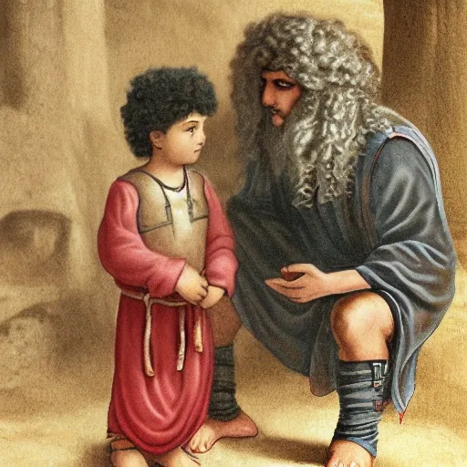 child with curls and dark eyes talking with an ancient man  picture for a kids book
