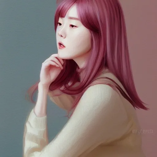 , Oil Painting Fantasy. Irene Bae JooHyun, sitting, detailed white sweater. half body portrait, Vixip, design by Yusuke Kozaki, oil by Gregory Manchess. stunningly beautiful, golden eyeglasses, pink hair, blush, humble, curvy, table, home, hands. Hand drawing illustration. highly detailed. Cinematic lighting. 