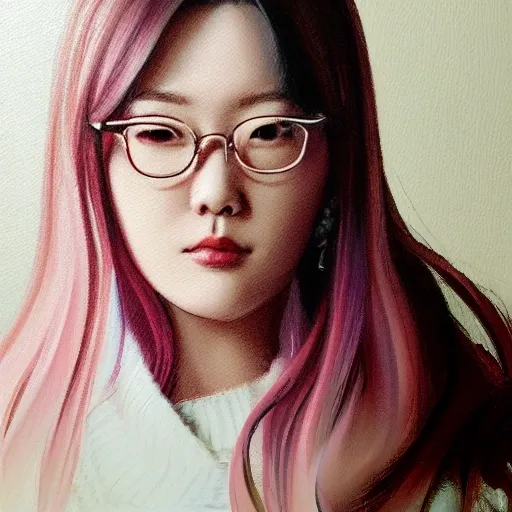 , Oil Painting Fantasy. Irene Bae JooHyun, sitting, detailed white sweater. half body portrait, Vixip, design by Yusuke Kozaki, oil by Gregory Manchess. stunningly beautiful, golden eyeglasses, pink hair, blush, humble, curvy, table, home, hands. Hand drawing illustration. highly detailed. Cinematic lighting. , Pencil Sketch, Pencil Sketch