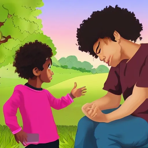 child with curls and dark eyes talking with an ancient man in a modern park picture for a kids book 
