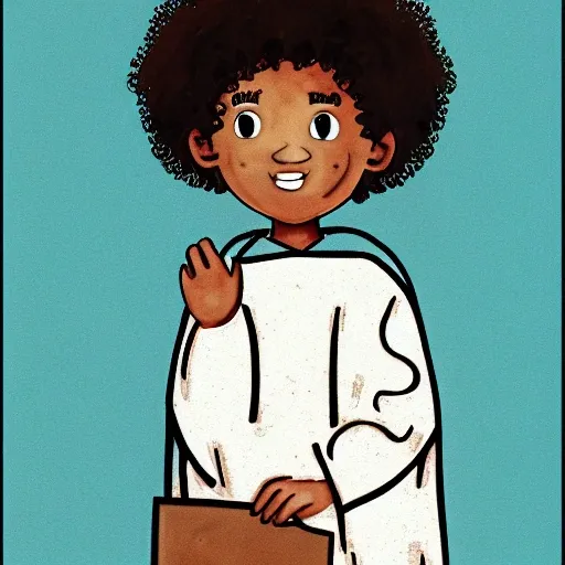 brown child with curls and dark eyes graduating
 ilustration for a kids book 
