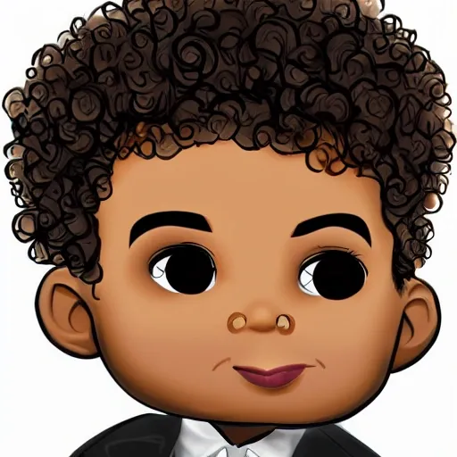 brown child with curls and dark eyes with a formal suit
 ilustration for a kids book 
