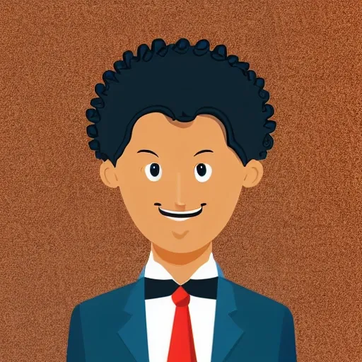 brown man with curls and dark eyes with a formal suit
 ilustration for a kids book 
