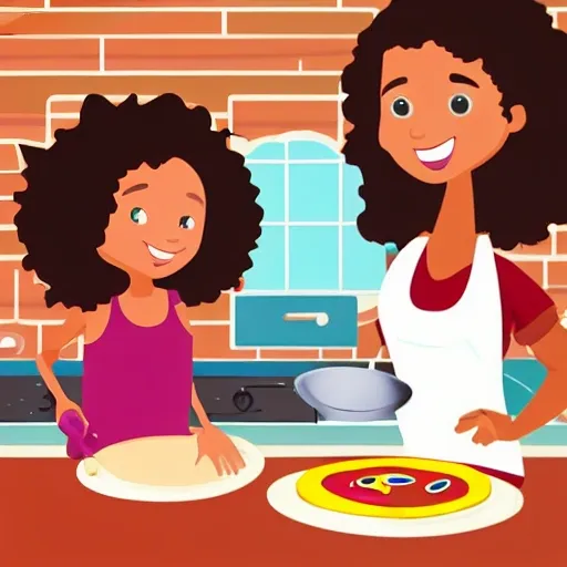 brown child with curls and dark eyes making a pizza with a brown woman 
 ilustration for a kids book 
