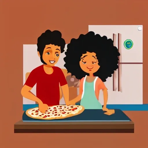 brown kid with curls and dark eyes making a pizza with a brown woman 
 ilustration for a kids book 
