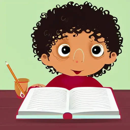 brown kid with curls and dark eyes studying
 ilustration for a kids book 
