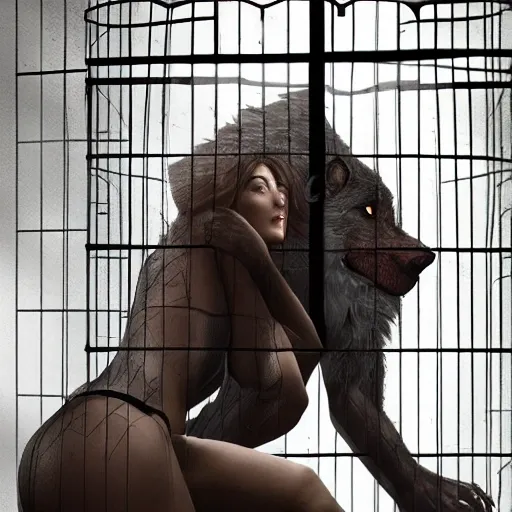 a beautiful women inside a cage with a werewolf outside the cage looking at the beautiful women, bright image, full illumination, 8k, epic, sharp focus, emitting diodes, by pascal blanche Rutkowski, repin, artstation, hyperrealism painting, concept art of detailed character design, matte painting, 8 k resolution, 