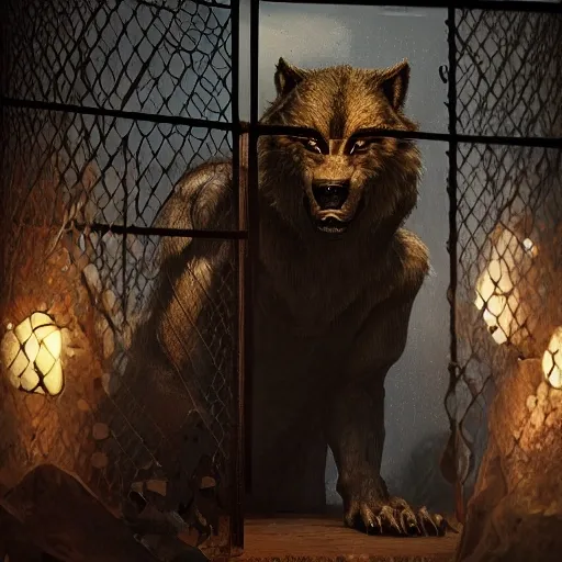 a beautiful women inside a cage with a werewolf outside the cage looking at the beautiful women, bright image, full illumination, 8k, epic, sharp focus, emitting diodes, by pascal blanche Rutkowski, repin, artstation, hyperrealism painting, concept art of detailed character design, matte painting, 8 k resolution, , 3D, Oil Painting