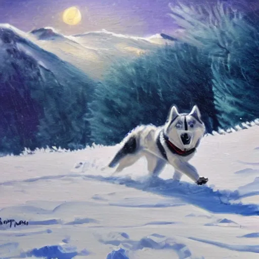 Husky running in the mountain with tons of snow, Oil Painting