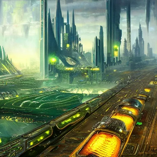 Draw futuristic city with some green parks and floating platfor ...