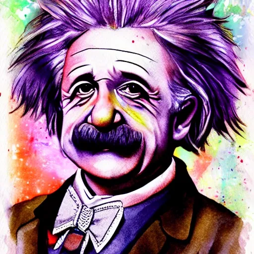 Character portrait of Albert Einstein, standing on stage, side profile, caricature, chibi, kawaii,3d rendering, octane rendering, volumetric light, victorian fashion, metallic, highly-detailed symmetric face, detailed eyes, ultra sharp, highest quality, art by Anja Millen and George Cruikshank and Bordalo II, smooth, sharp focus, trending on artforum, behance hd, kids story book style, muted colors, watercolor style

