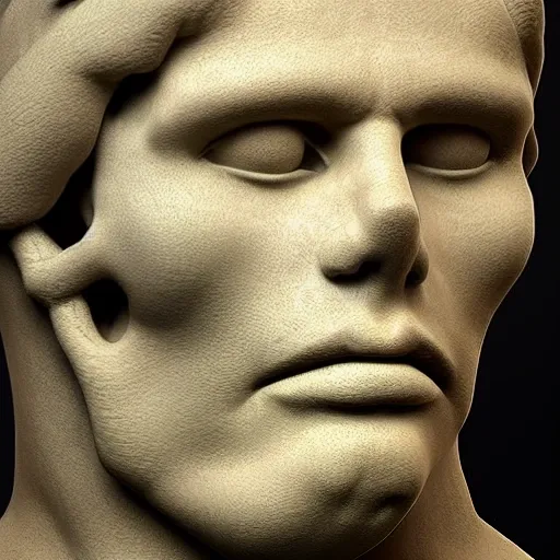 Create an aesthetically pleasing half head and half skull ancient Greek sculpture, 3D, Trippy